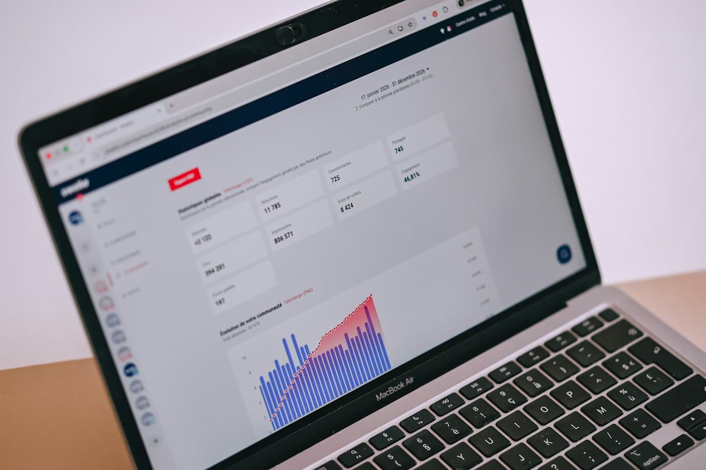 Social media analytics on a laptop with a rising audience growth graph